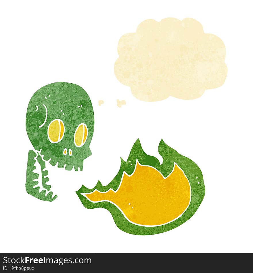 cartoon fire breathing skull with thought bubble