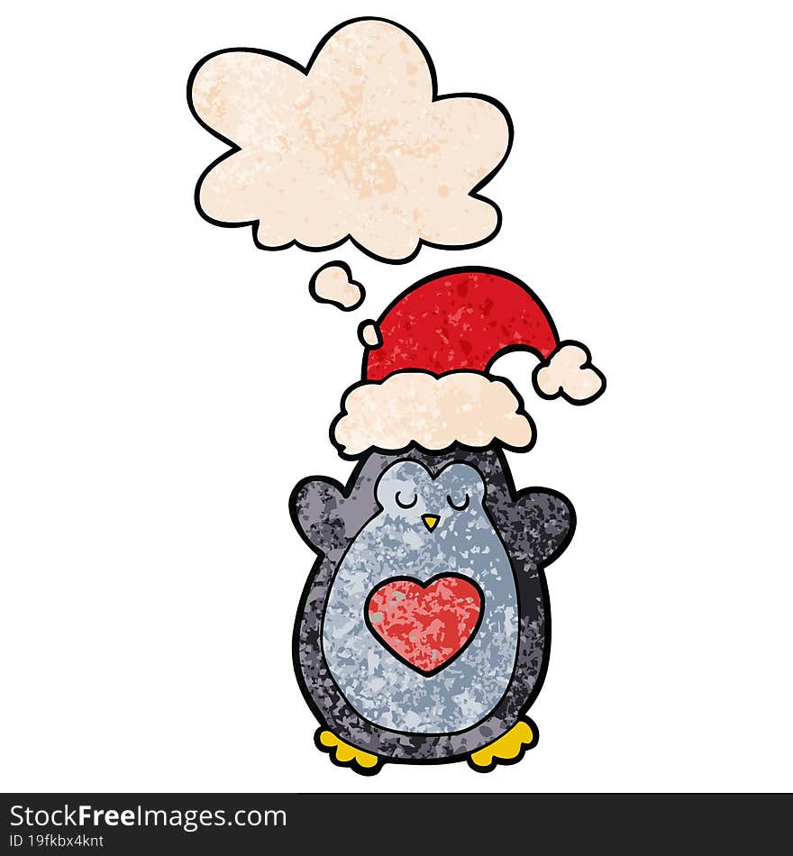 cute christmas penguin and thought bubble in grunge texture pattern style