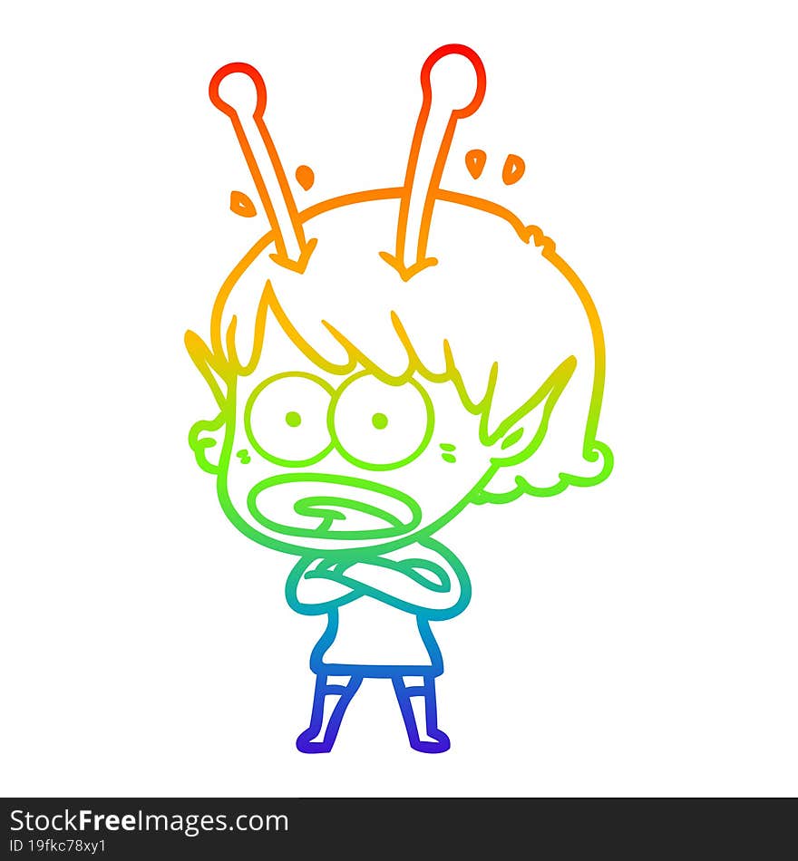 rainbow gradient line drawing cartoon shocked alien girl