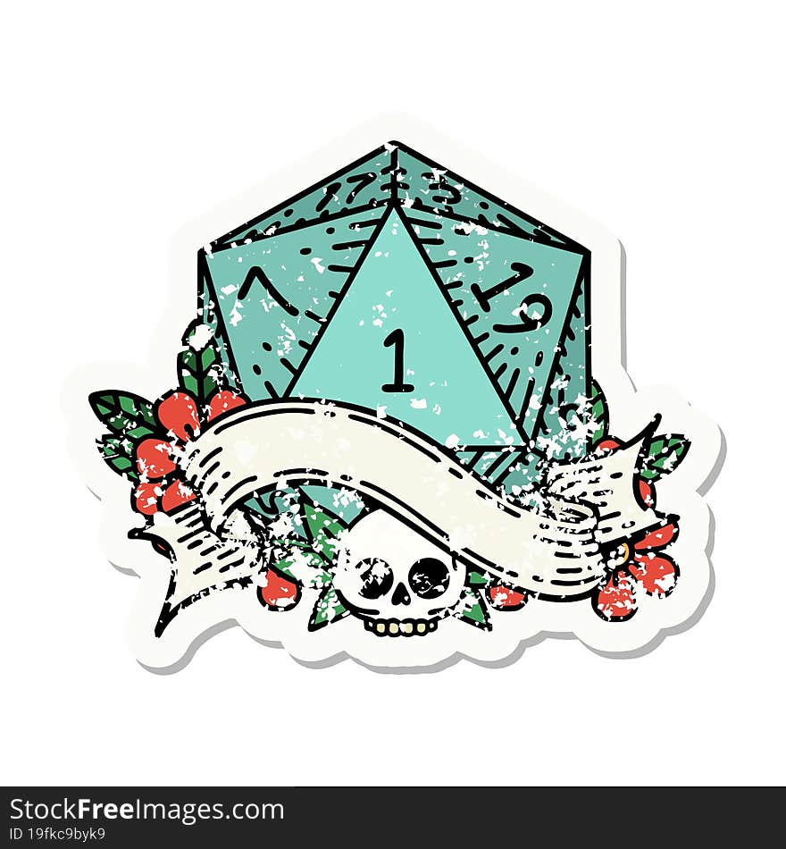 grunge sticker of a natural one d20 dice roll. grunge sticker of a natural one d20 dice roll