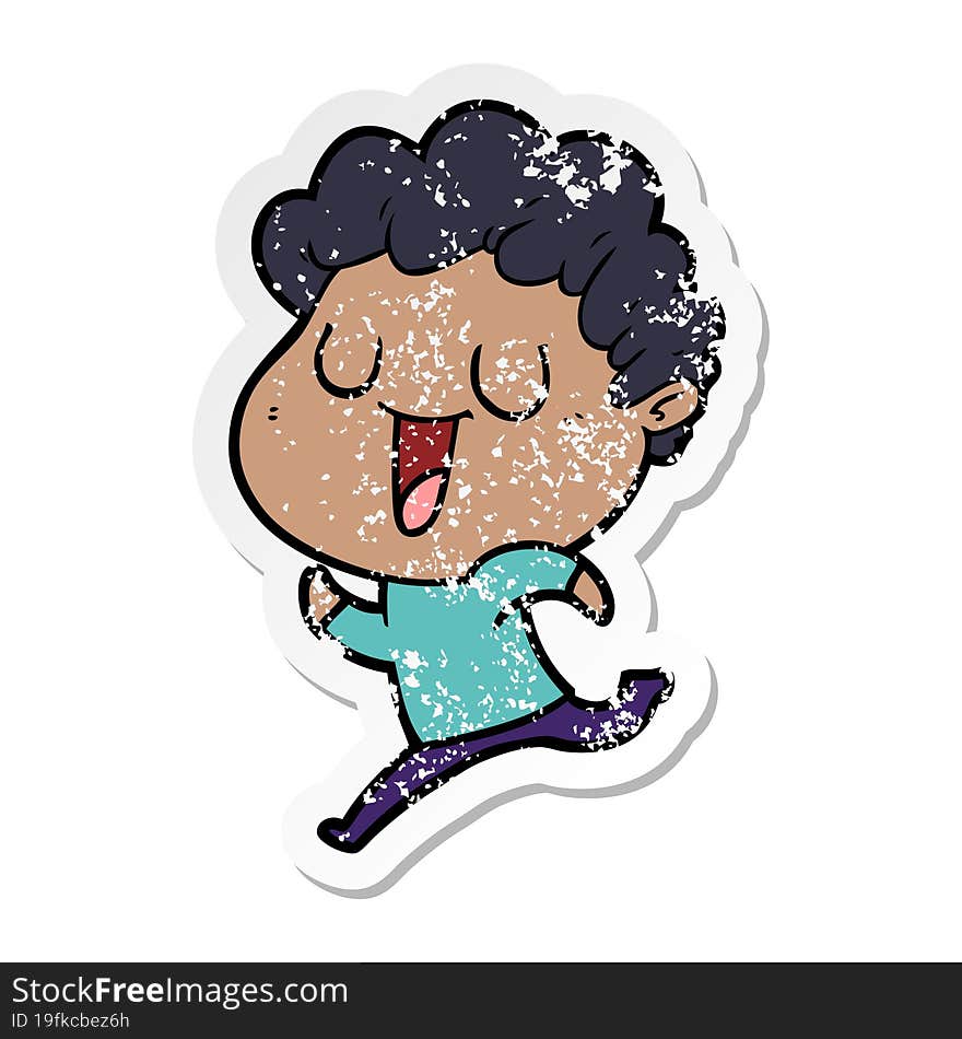 Distressed Sticker Of A Laughing Cartoon Man Running