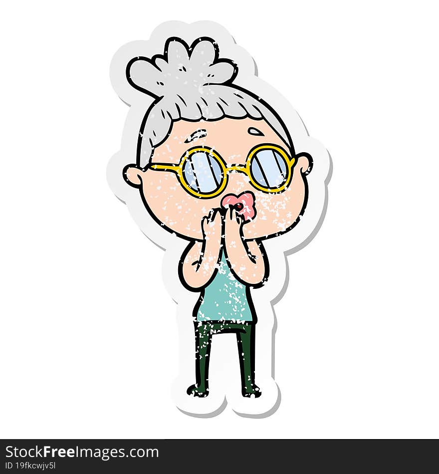 distressed sticker of a cartoon woman wearing spectacles