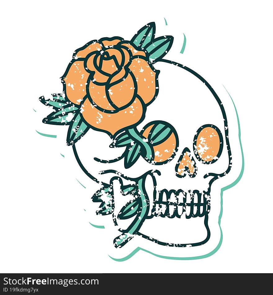 distressed sticker tattoo style icon of a skull and rose