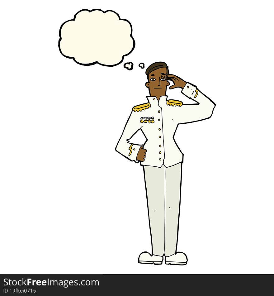 cartoon military man in dress uniform with thought bubble