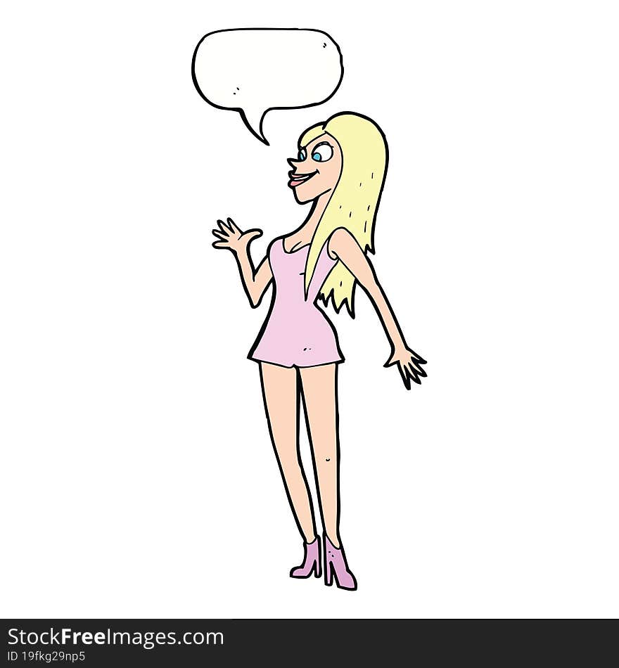 cartoon woman in pink dress with speech bubble