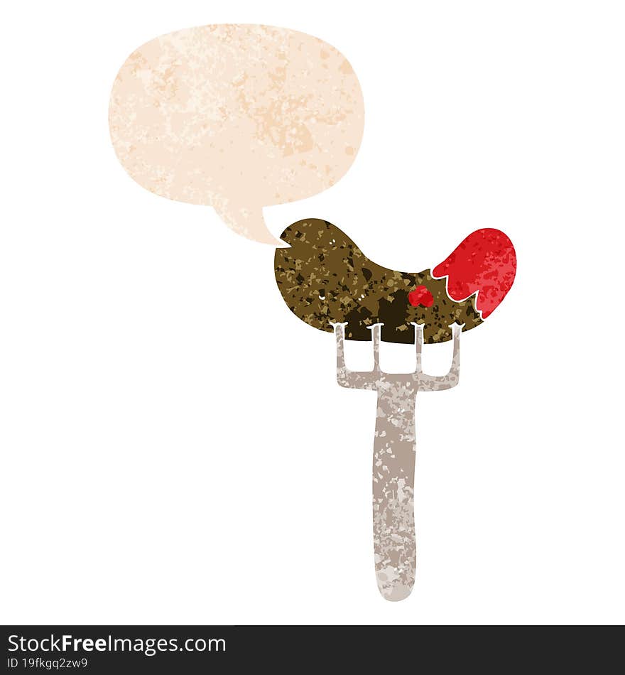 cartoon sausage on fork and speech bubble in retro textured style