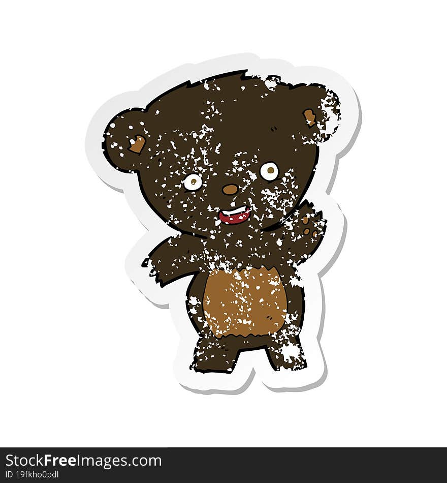 retro distressed sticker of a cartoon waving black bear