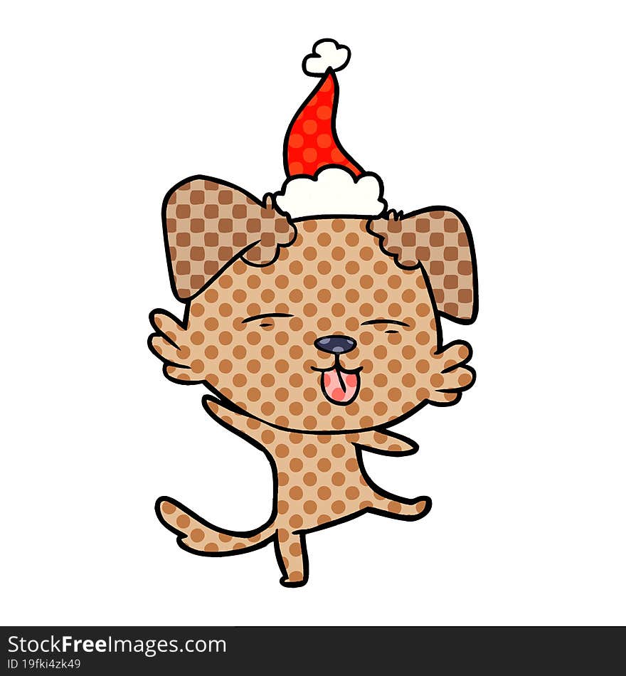 comic book style illustration of a dancing dog wearing santa hat