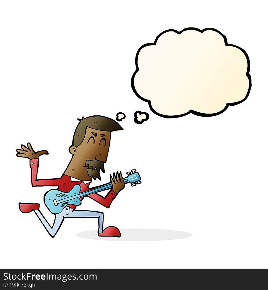 cartoon man playing electric guitar with thought bubble