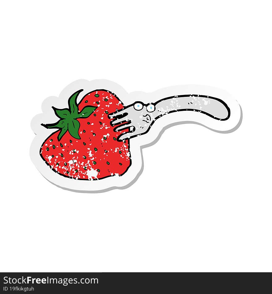 Retro Distressed Sticker Of A Cartoon Fork In Giant Strawberry