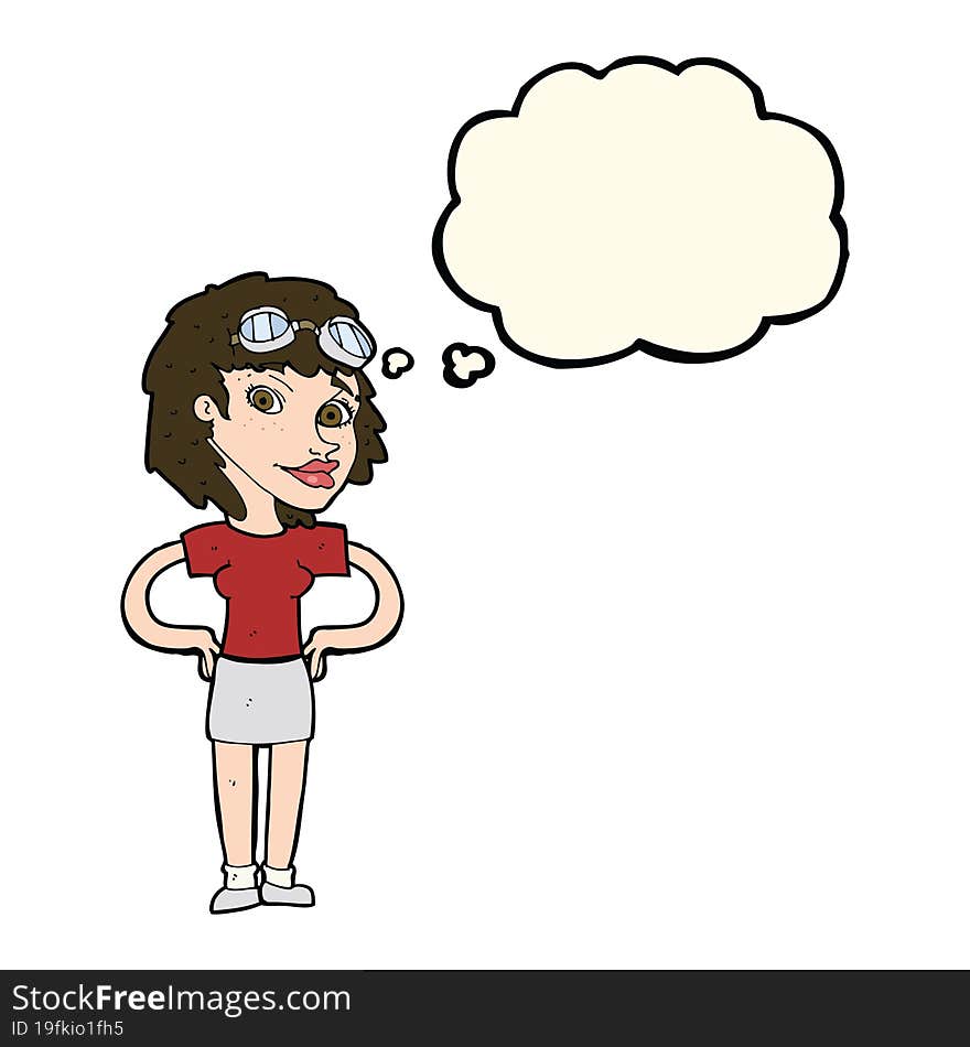 cartoon retro pilot woman with thought bubble