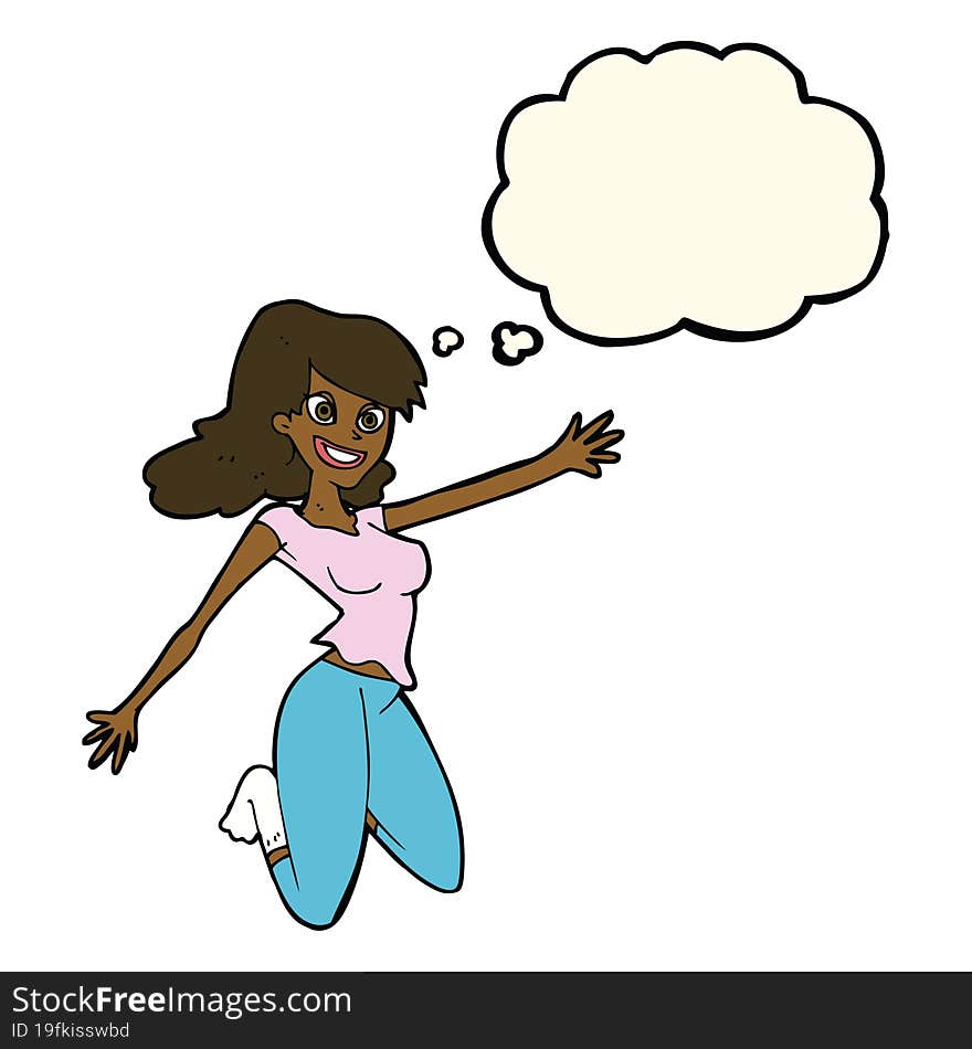 cartoon jumping woman with thought bubble