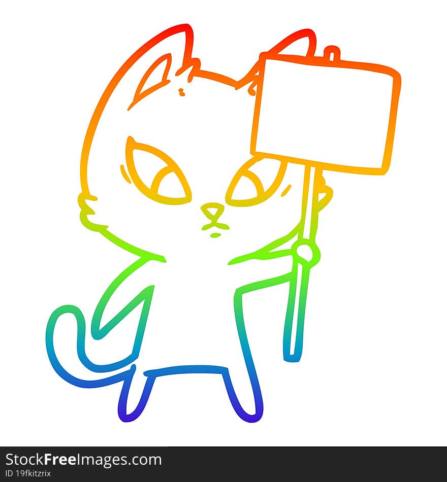 rainbow gradient line drawing of a confused cartoon cat with protest sign