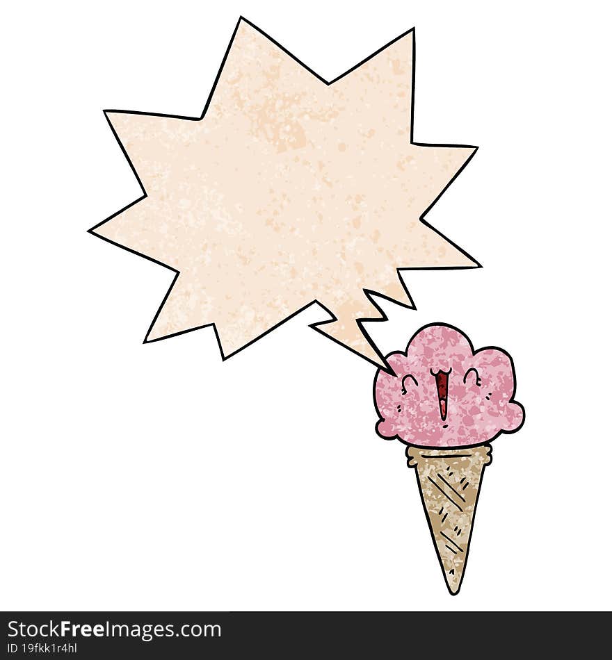 cartoon ice cream and face and speech bubble in retro texture style