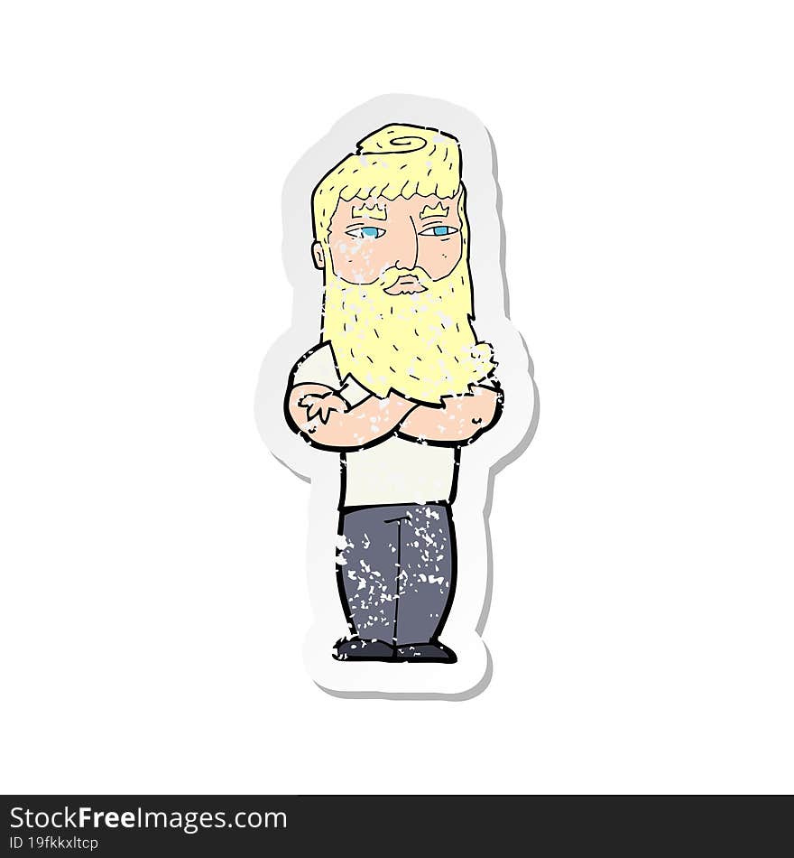 retro distressed sticker of a cartoon serious man with beard