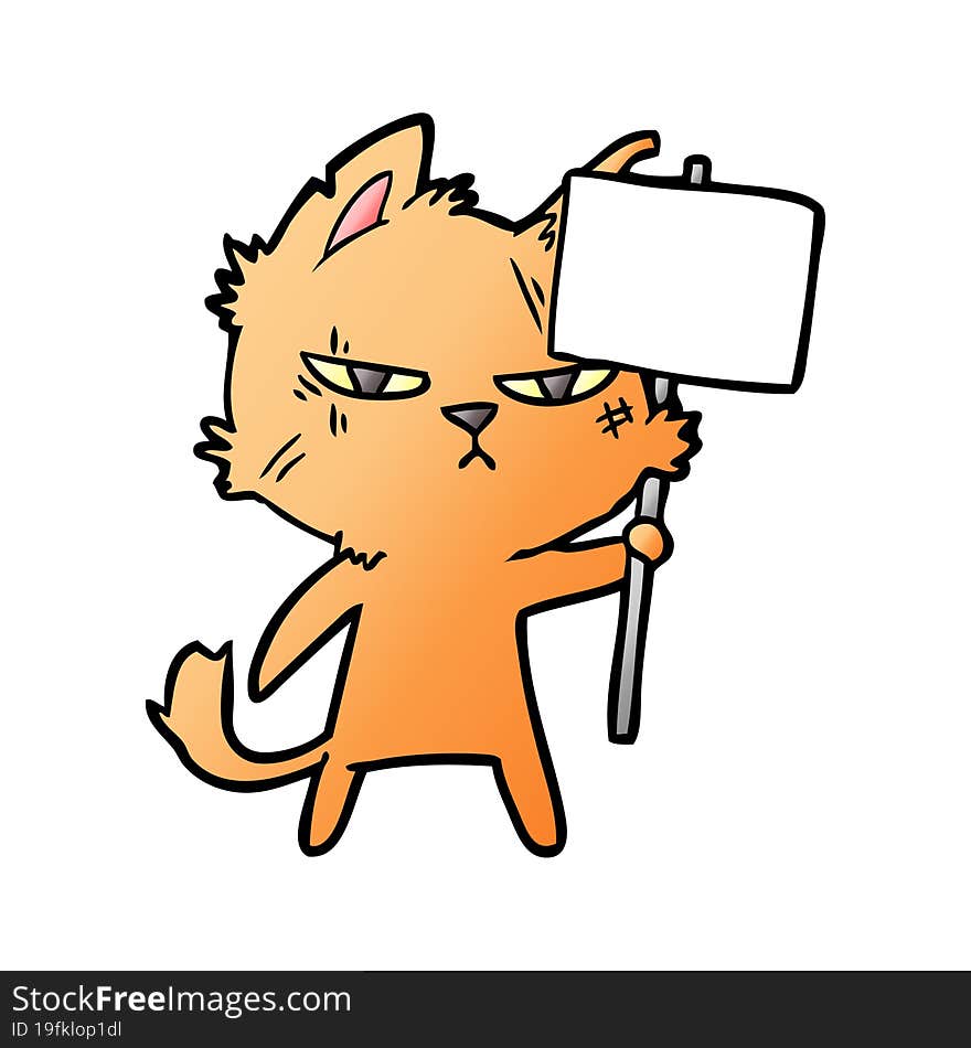 tough cartoon cat with protest sign. tough cartoon cat with protest sign