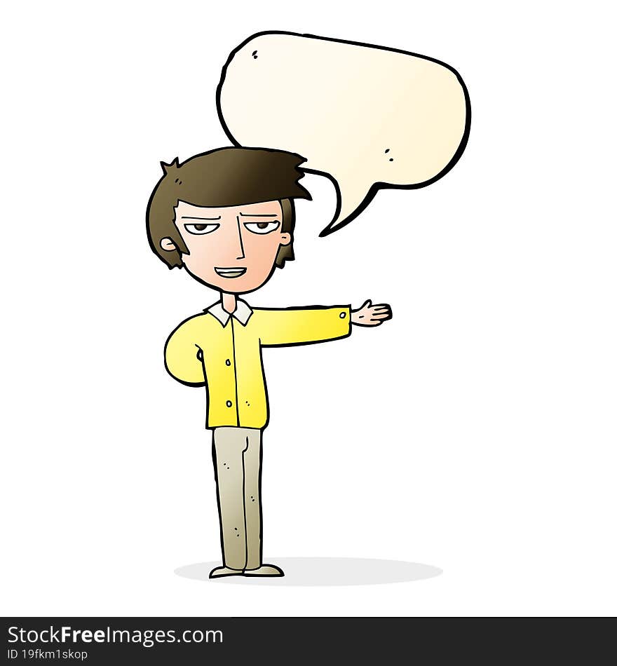 cartoon man gesturing welcome with speech bubble