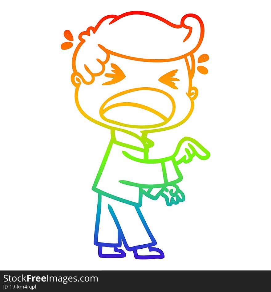 rainbow gradient line drawing of a cartoon shouting man pointing finger