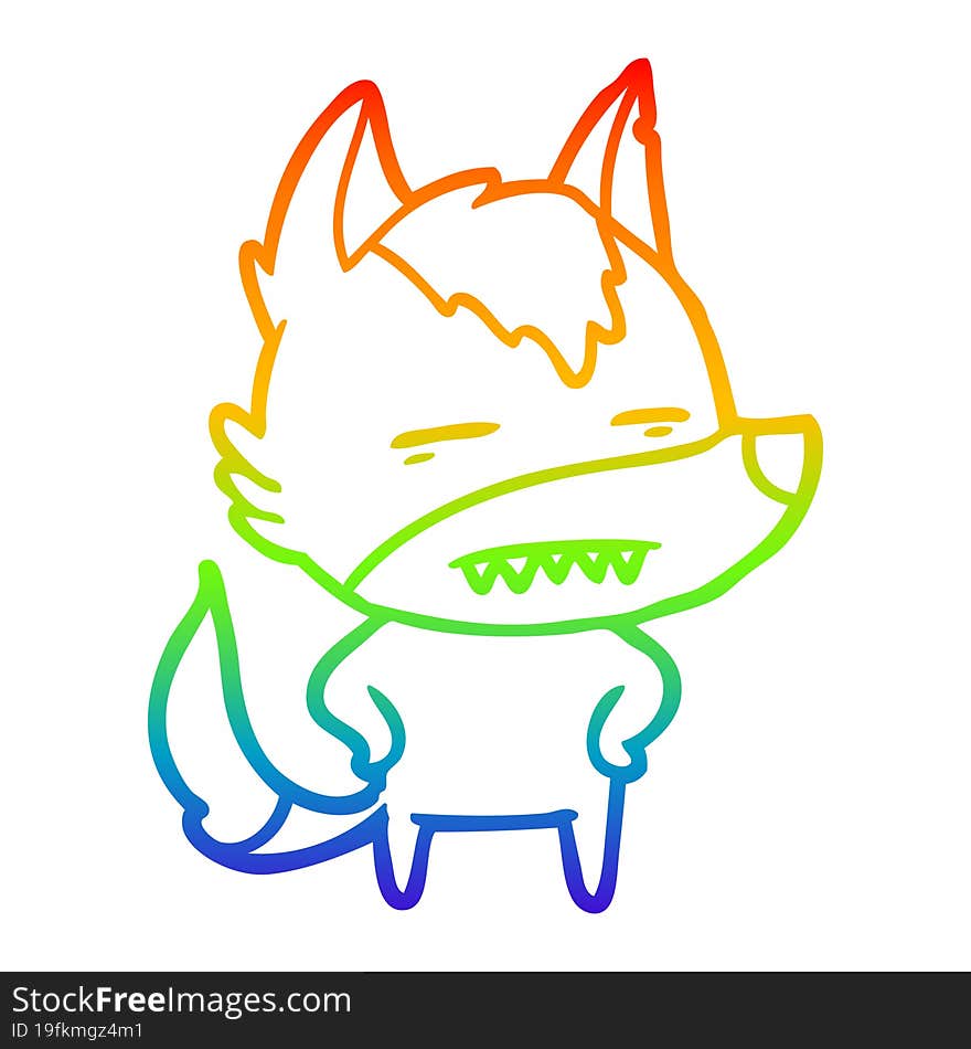 rainbow gradient line drawing of a cartoon wolf showing teeth