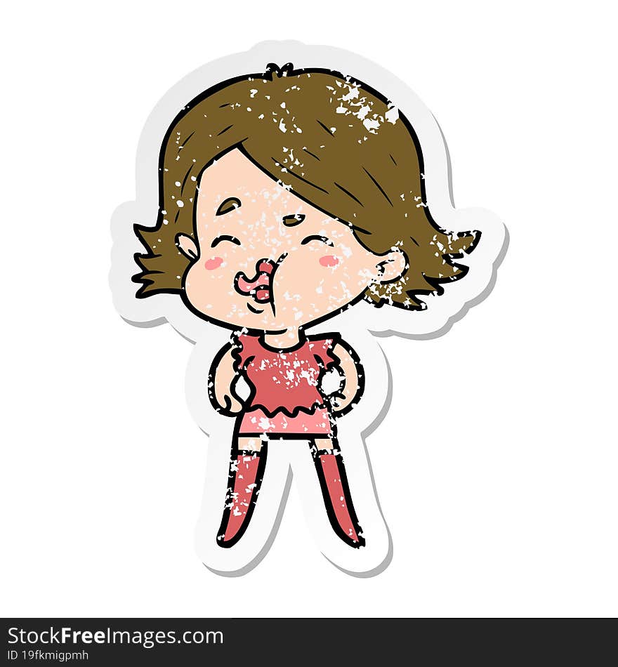 distressed sticker of a cartoon girl pulling face