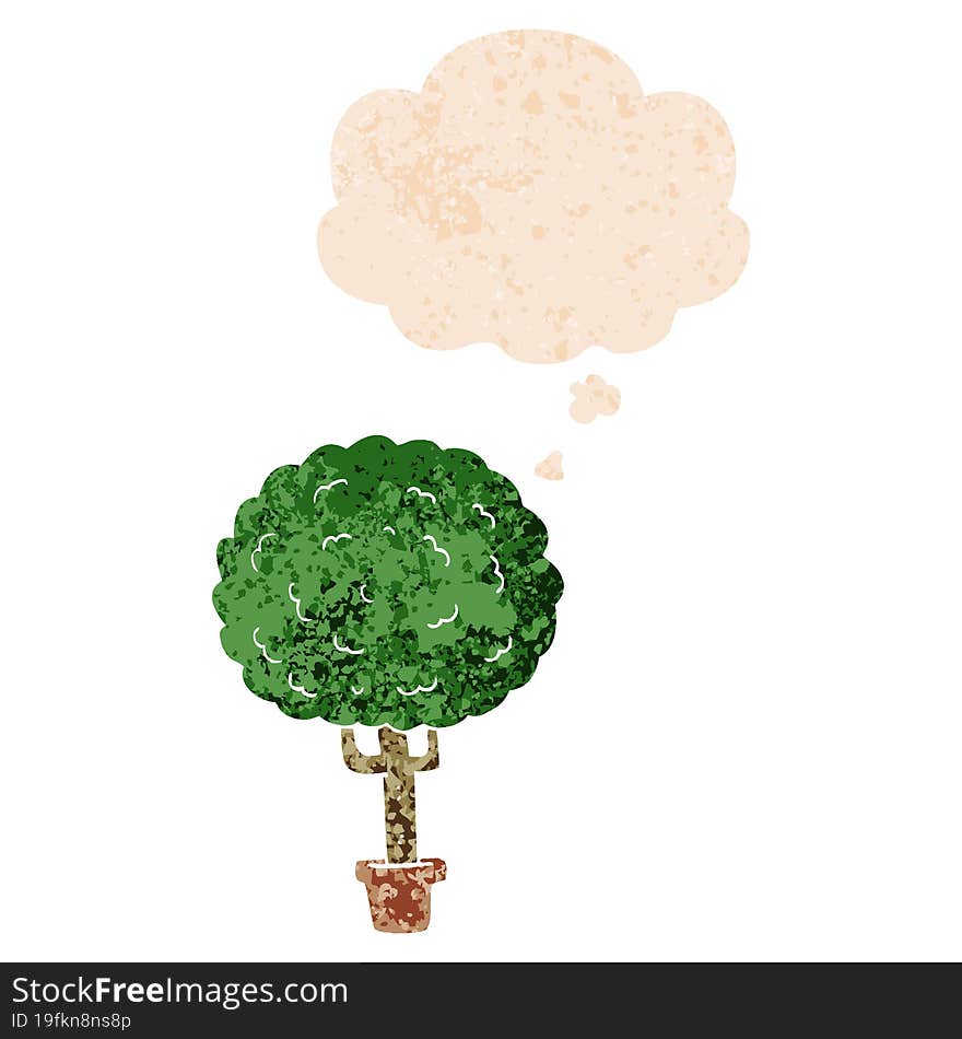 cartoon tree and thought bubble in retro textured style