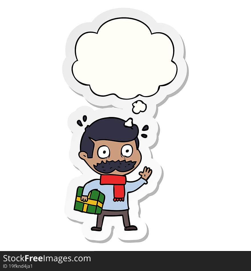 Cartoon Man With Mustache And Christmas Present And Thought Bubble As A Printed Sticker