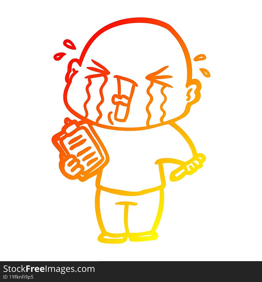 warm gradient line drawing cartoon crying man with clipboard