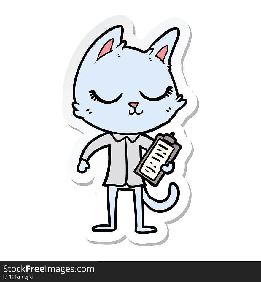 sticker of a calm cartoon cat with clipboard