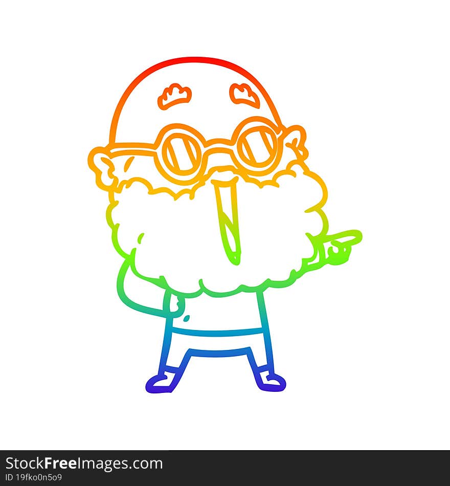 rainbow gradient line drawing cartoon joyful man with beard pointing finger