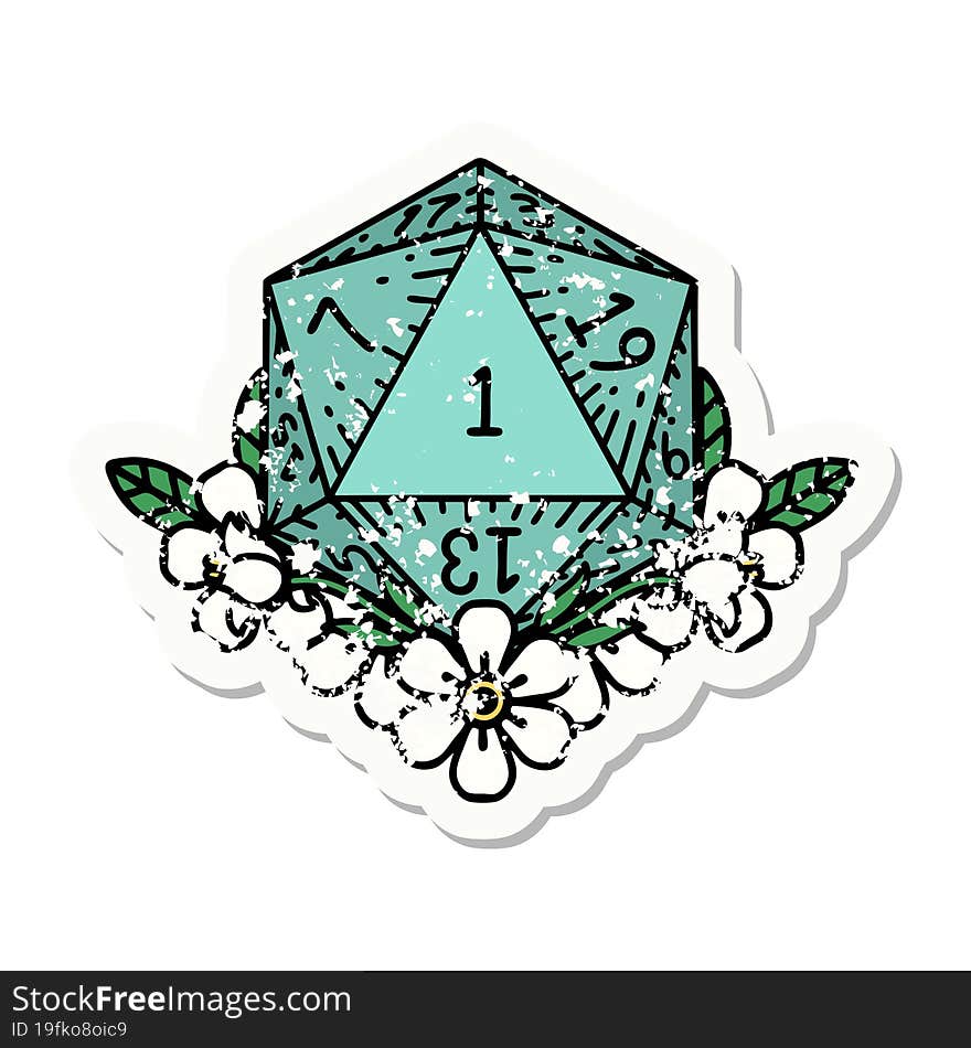 Natural One Dice Roll With Floral Elements Grunge Sticker