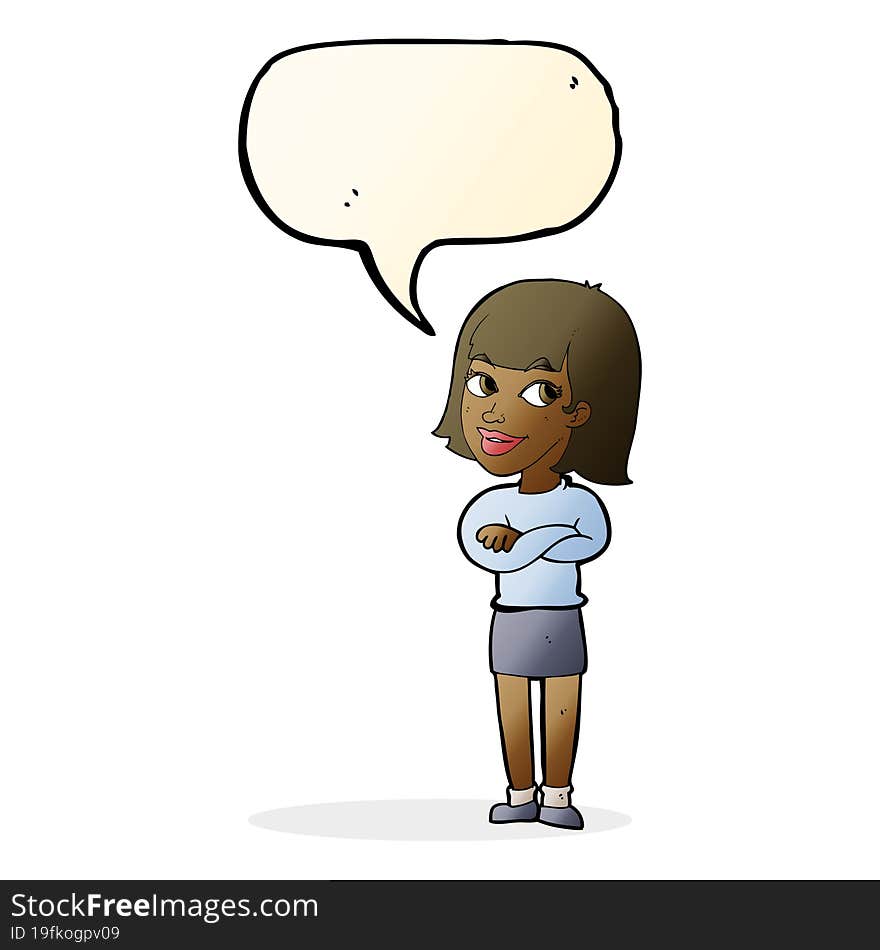 cartoon happy woman looking over with speech bubble