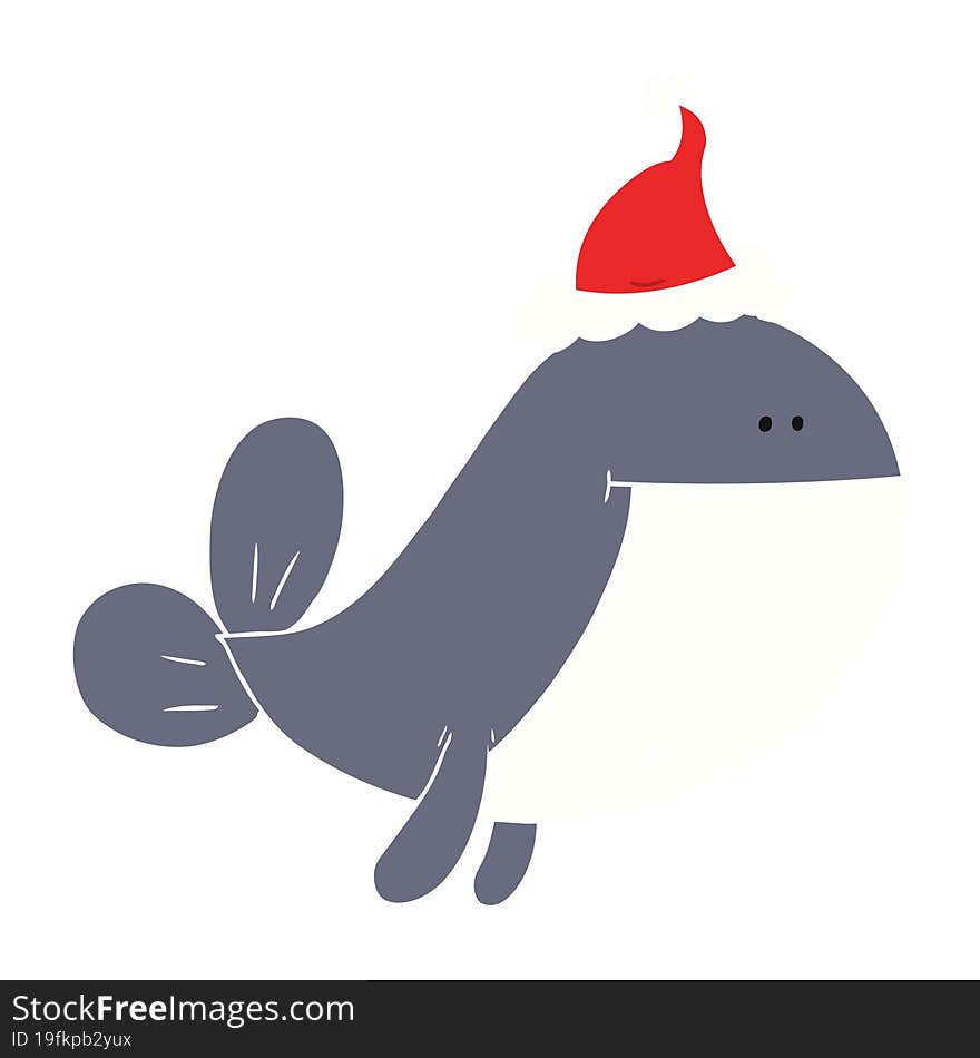 hand drawn flat color illustration of a whale wearing santa hat