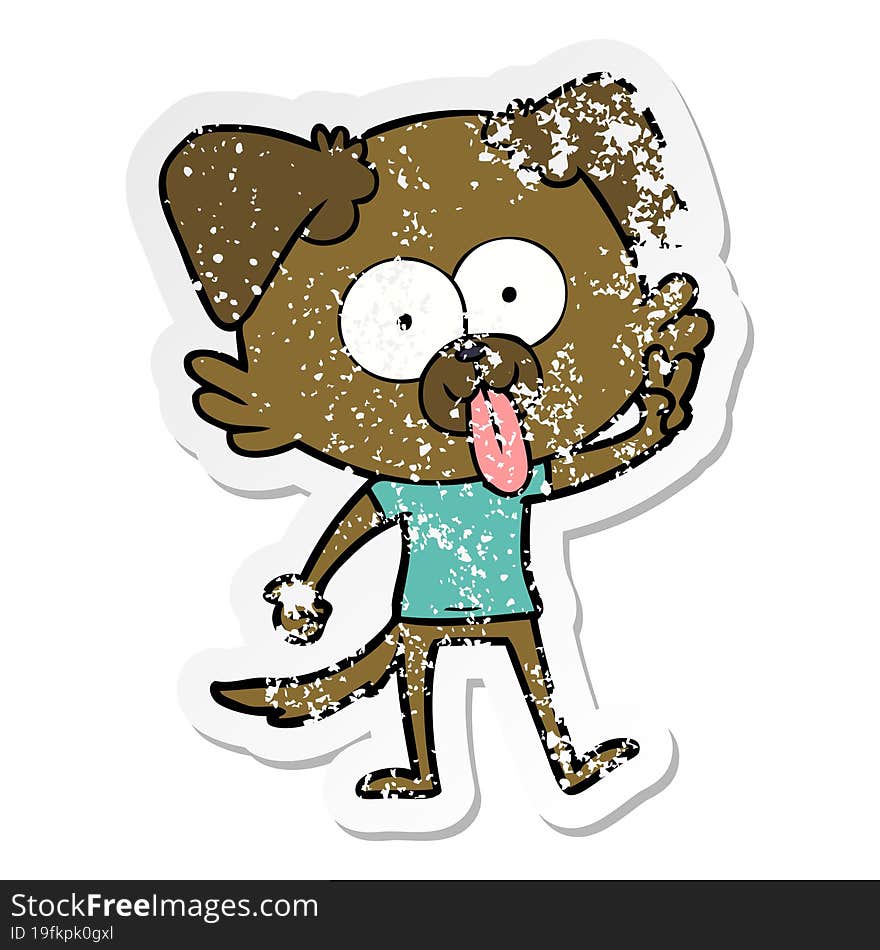 distressed sticker of a cartoon dog with tongue sticking out