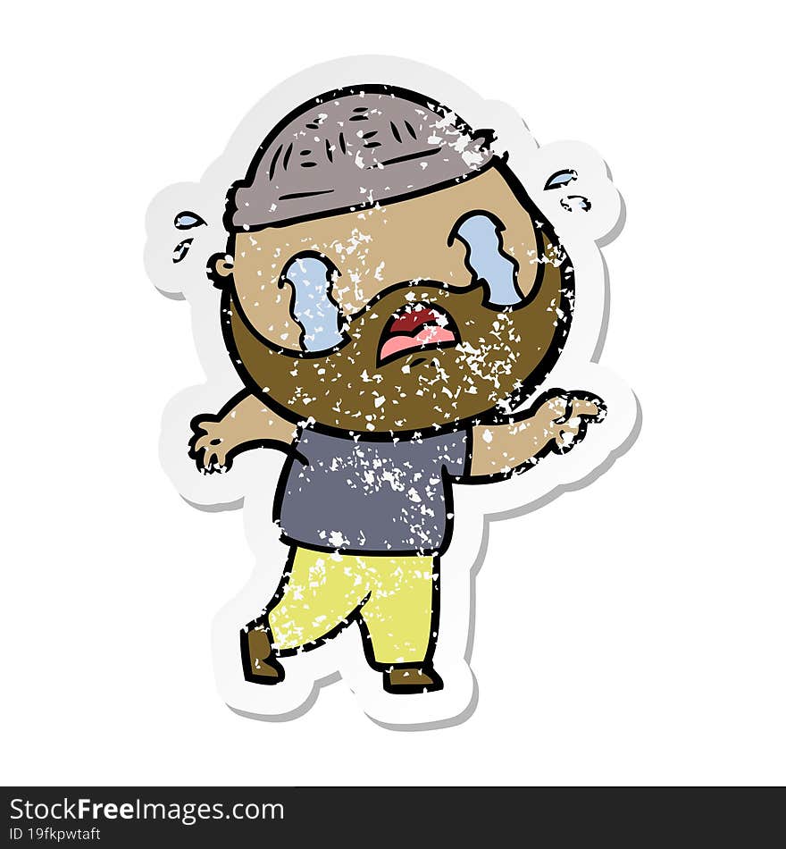 distressed sticker of a cartoon bearded man crying