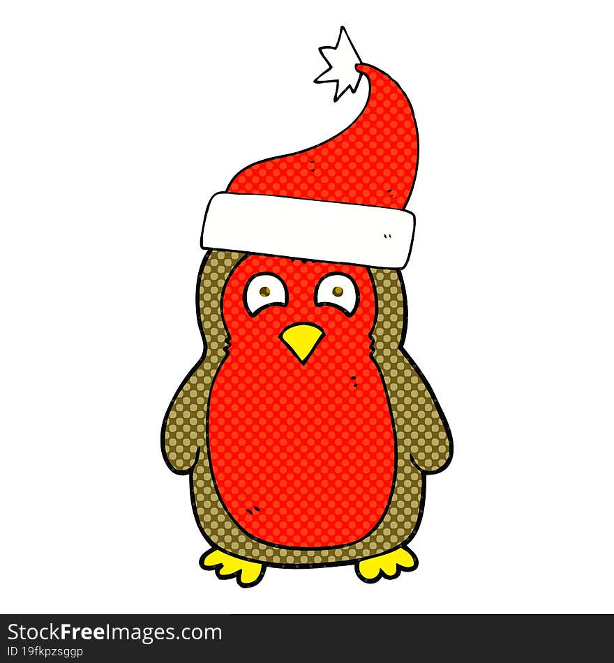 cartoon christmas robin wearing santa hat