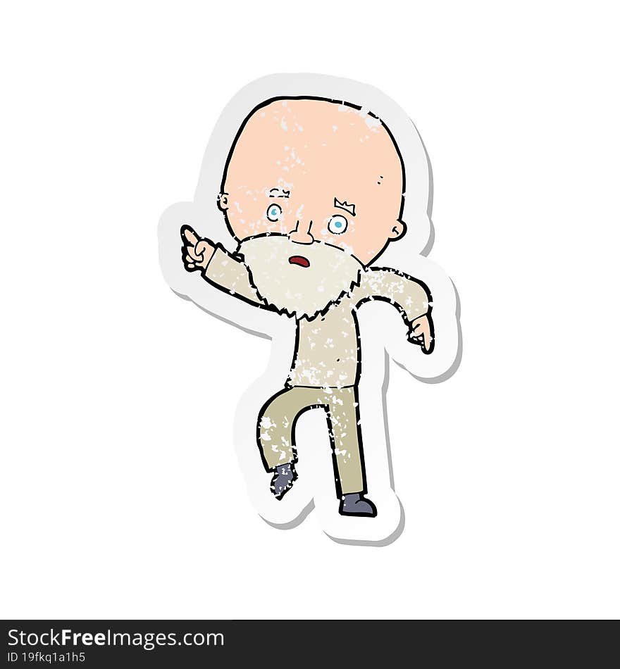 retro distressed sticker of a cartoon worried old man pointing