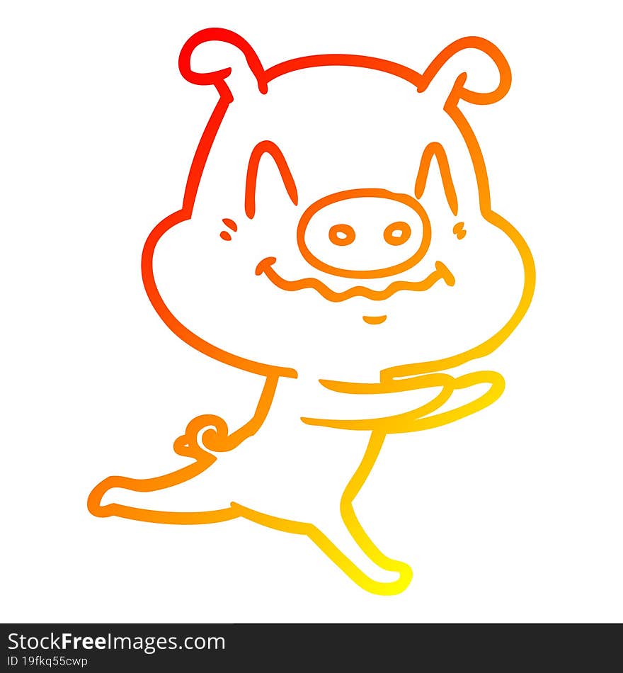 warm gradient line drawing of a nervous cartoon pig running