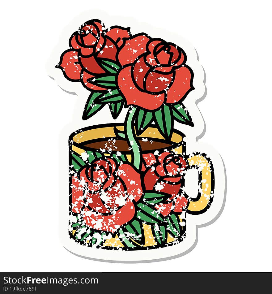 Traditional Distressed Sticker Tattoo Of A Cup And Flowers