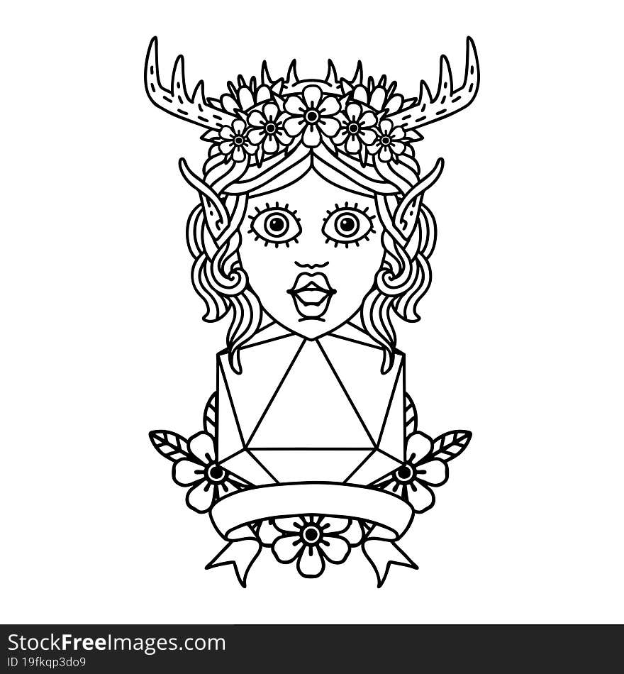 Black and White Tattoo linework Style elf druid character with natural 20 dice roll. Black and White Tattoo linework Style elf druid character with natural 20 dice roll