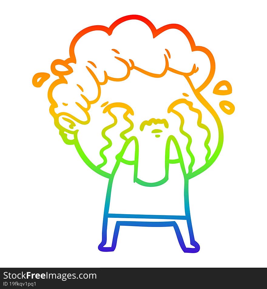 rainbow gradient line drawing of a cartoon man crying