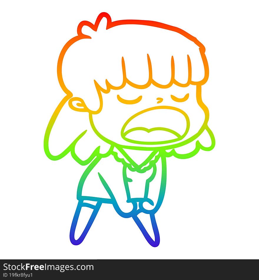 rainbow gradient line drawing of a cartoon woman talking loudly