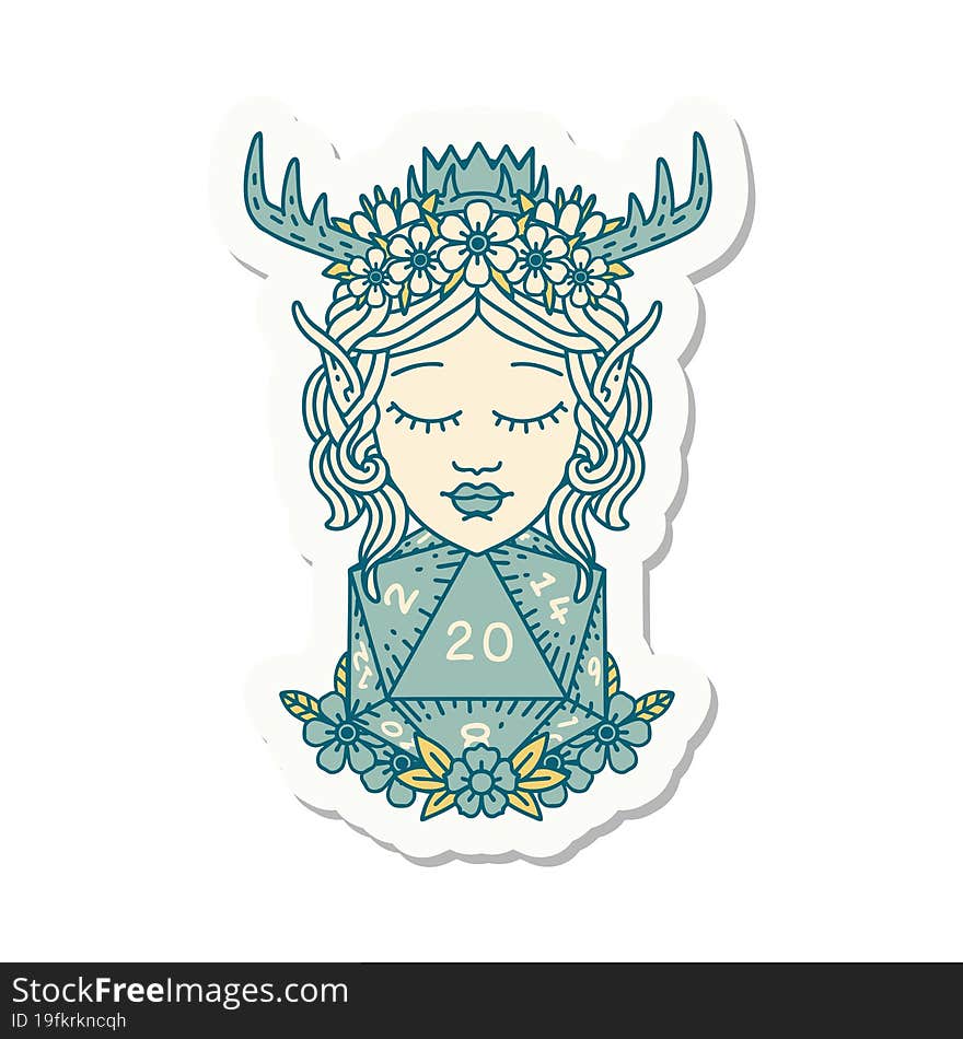 elf druid character with nautral twenty dice roll sticker