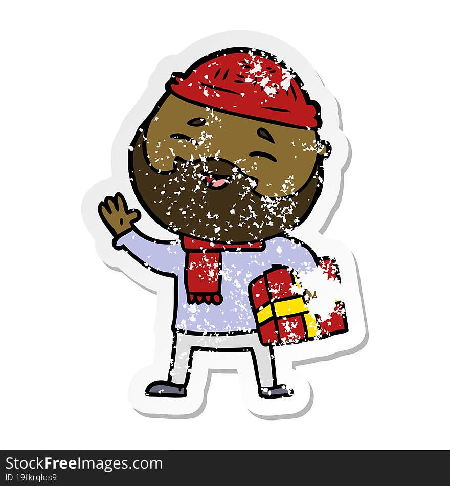 distressed sticker of a cartoon happy bearded man