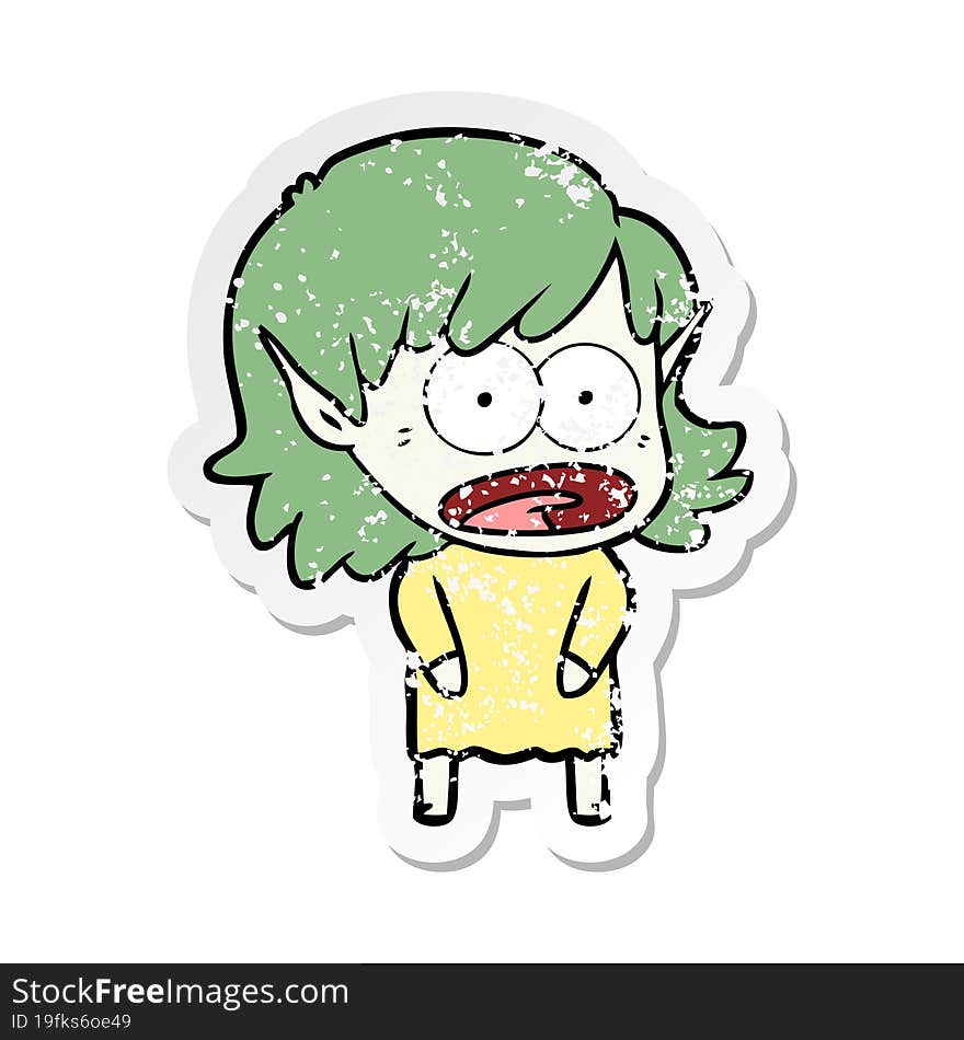 distressed sticker of a cartoon shocked elf girl