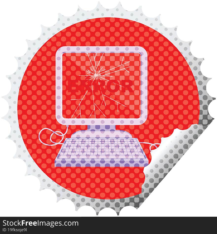 broken computer graphic vector illustration round sticker stamp. broken computer graphic vector illustration round sticker stamp