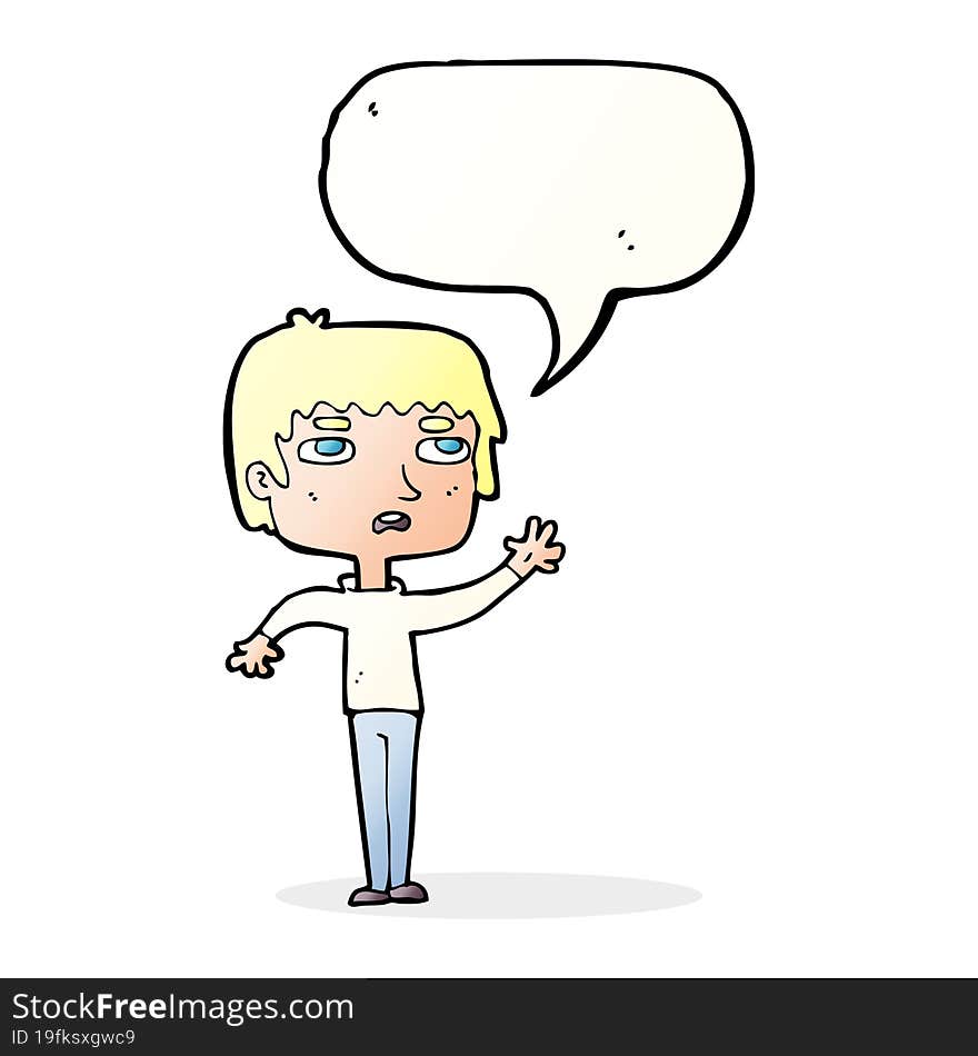 cartoon unhappy boy waving with speech bubble