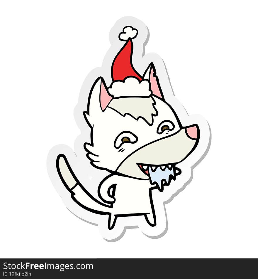 sticker cartoon of a hungry wolf wearing santa hat