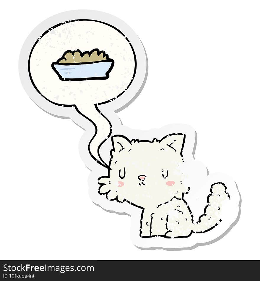 Cute Cartoon Cat And Food And Speech Bubble Distressed Sticker