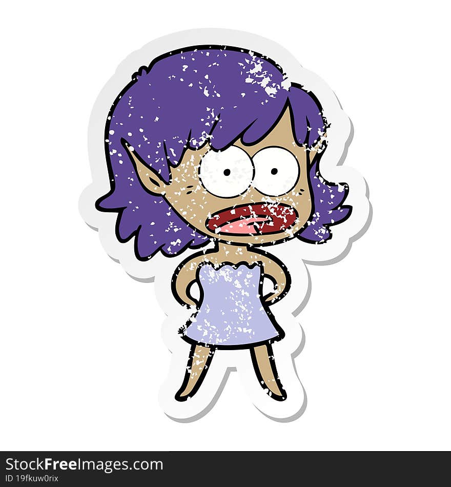 distressed sticker of a cartoon shocked elf girl