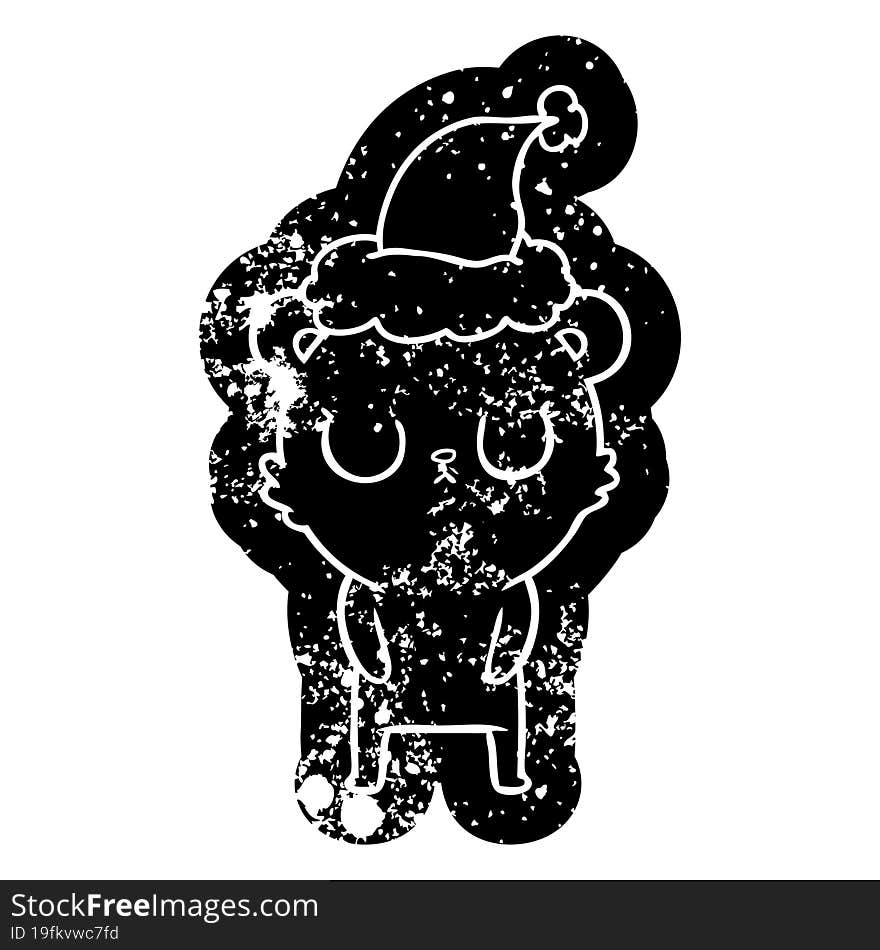 peaceful cartoon distressed icon of a bear wearing santa hat